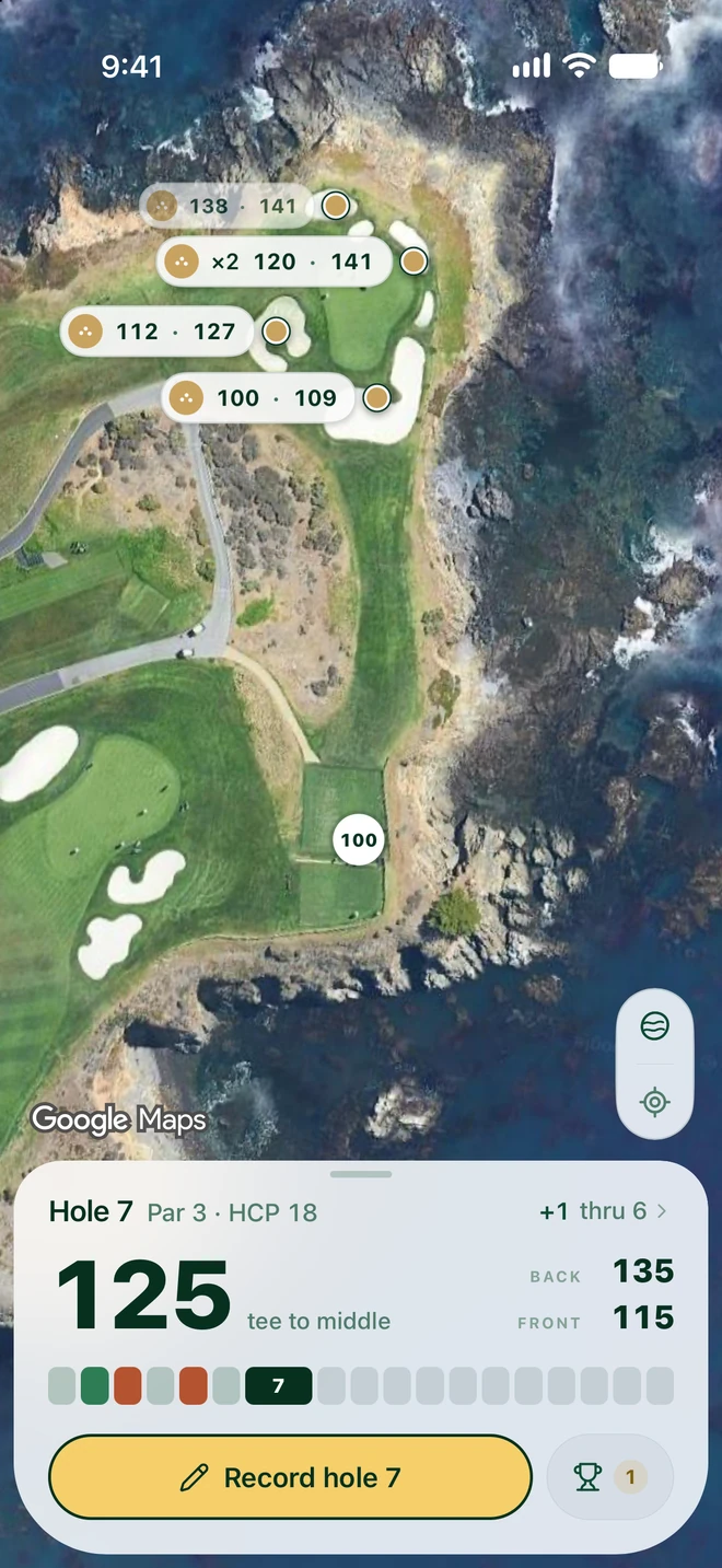 Noon’s hole map: a par 3 on satellite, the distance to each bunker, and 125 yards to the middle of the green