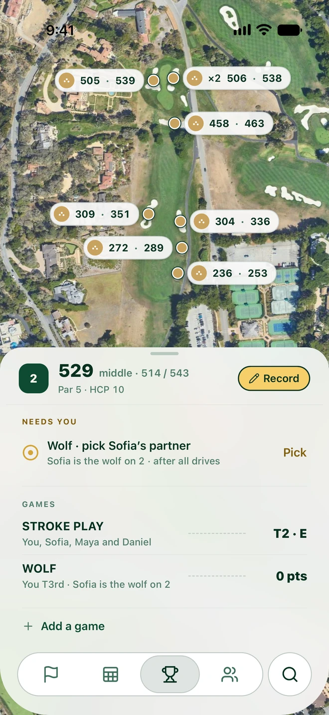 Hole 2 in Noon: the yardage, a Wolf pick waiting, and Stroke Play and Wolf running in the same round