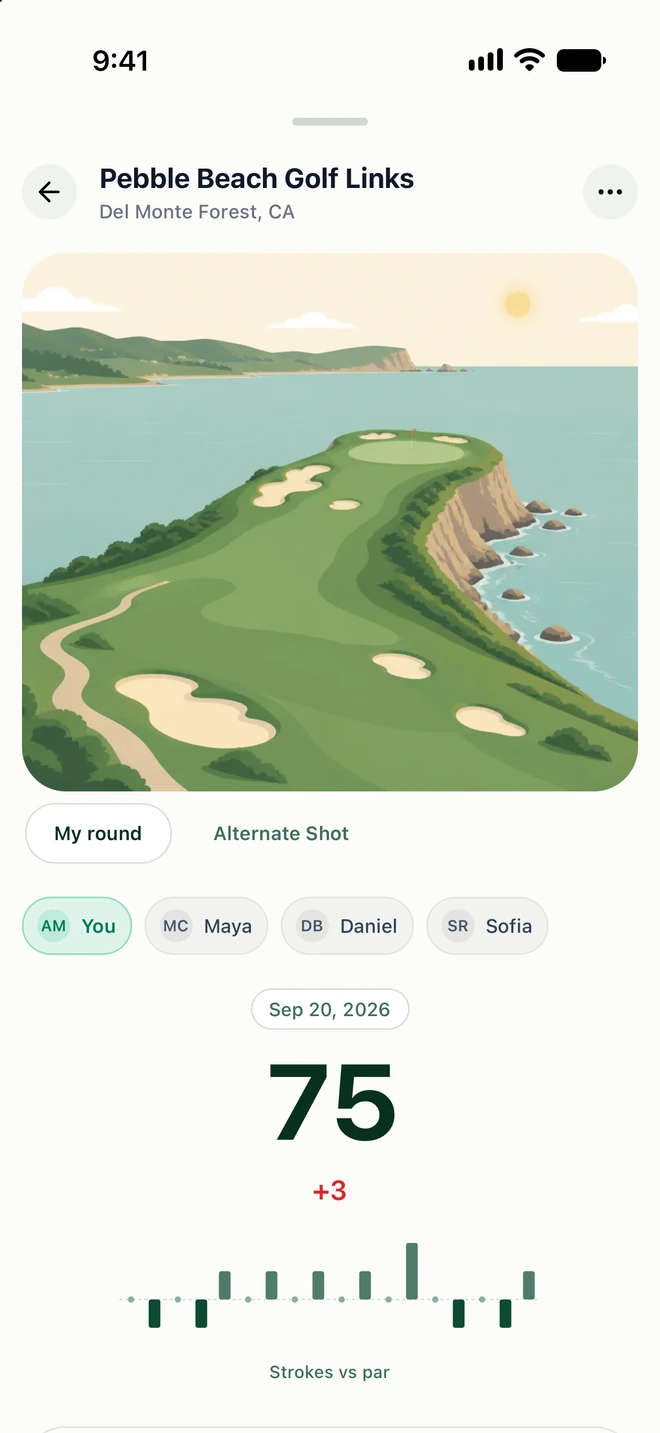 A round at Pebble Beach in Noon: a 75, three over par, with the four players and their games